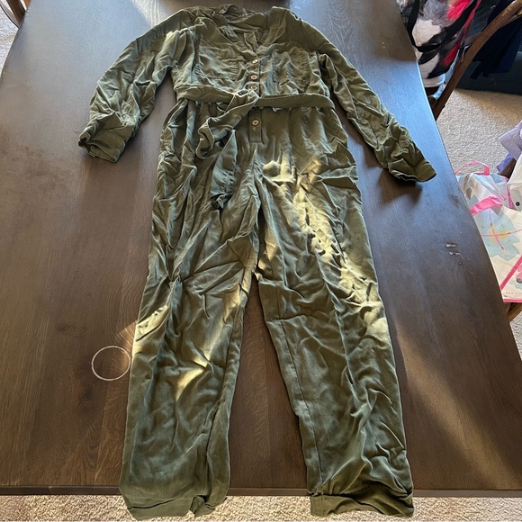 Anthropologie Preston utility jumpsuit belted olive green button down - Picture 5 of 13